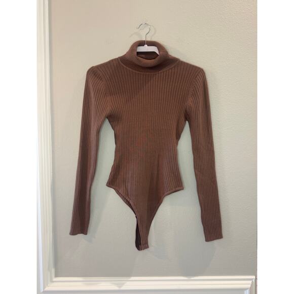Love Tree Ribbed Mocha Brown Turtleneck Bodysuit Sz L Stretch Knit Snap Closure - Picture 1 of 7